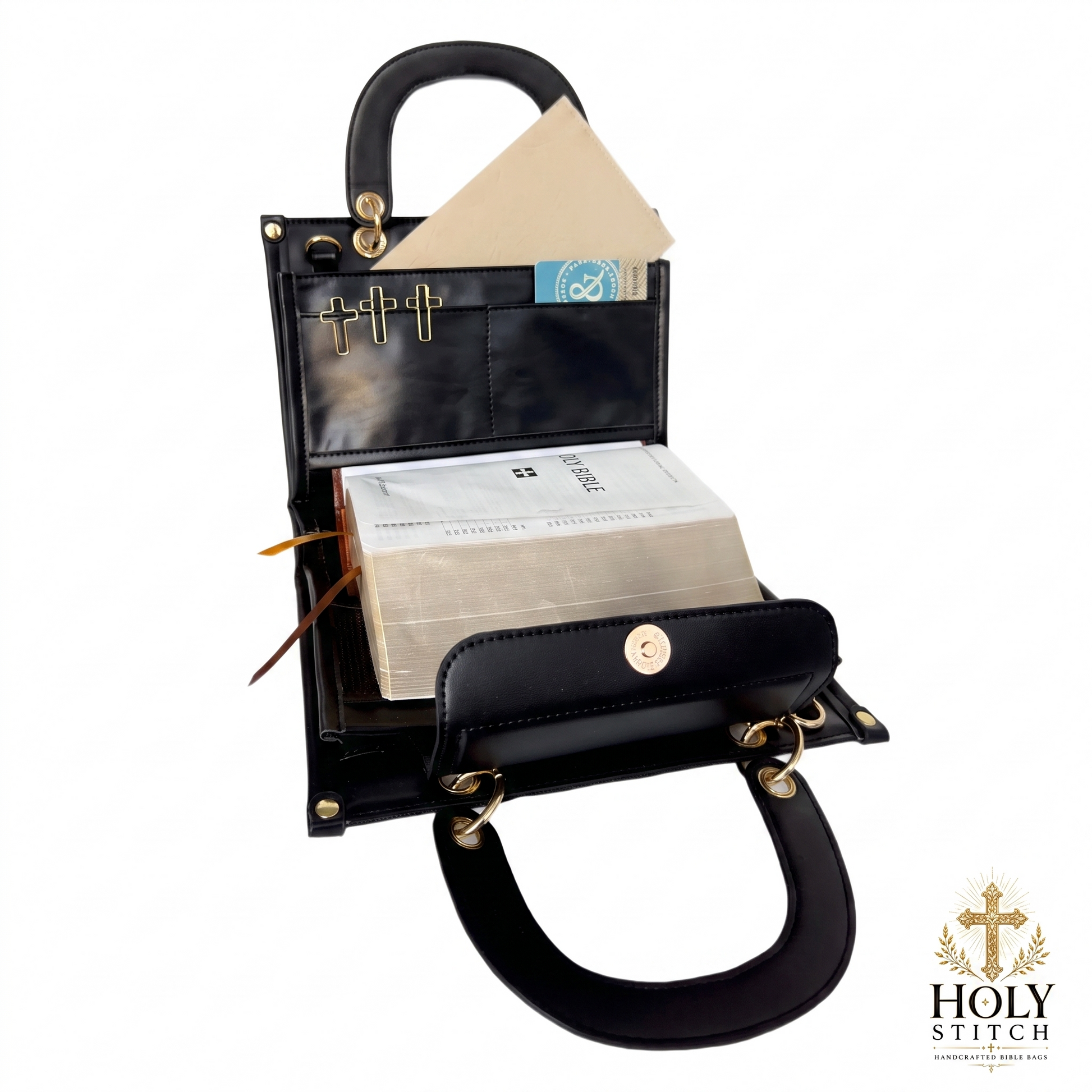 HolyStitch Bible Bag - open with Bible inside and organizer pockets