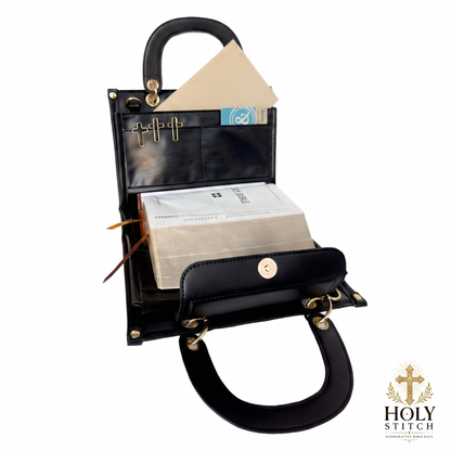 HolyStitch Bible Bag - open with Bible inside and organizer pockets